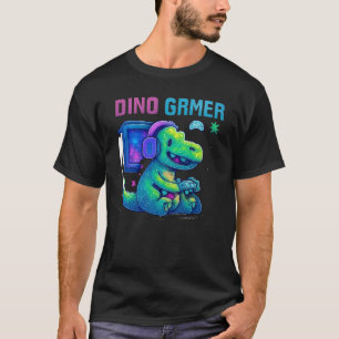 Dino Gamer – Retro Pixel Neon Style T-Shirt