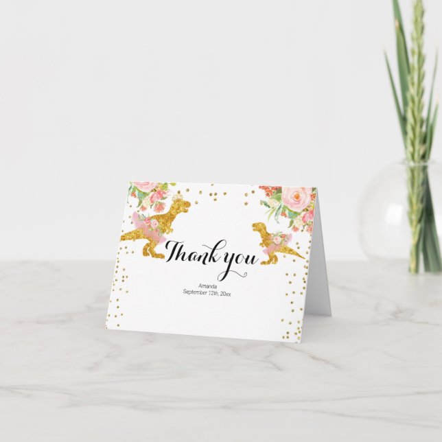 Dino Girl Pink Gold standing Thank You card (Front)