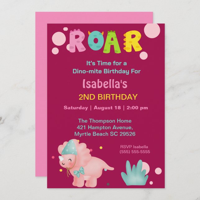Dino Girls 2nd Birthday Party Invitation (Front/Back)