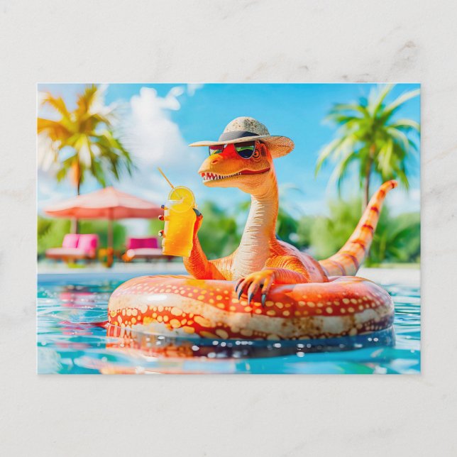 Dino in Pool with Cocktail Holiday Postcard (Front)
