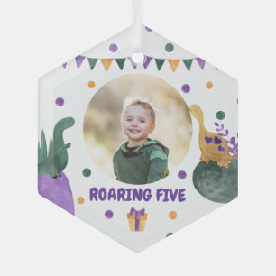 Dino Kid Party Roaring Green Purple Custom Photo  Glass Tree Decoration