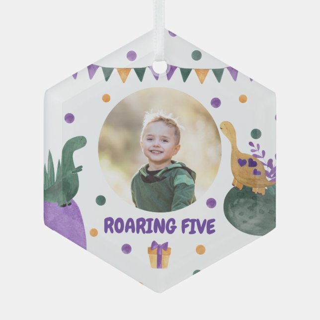 Dino Kid Party Roaring Green Purple Custom Photo  Glass Tree Decoration (Front)