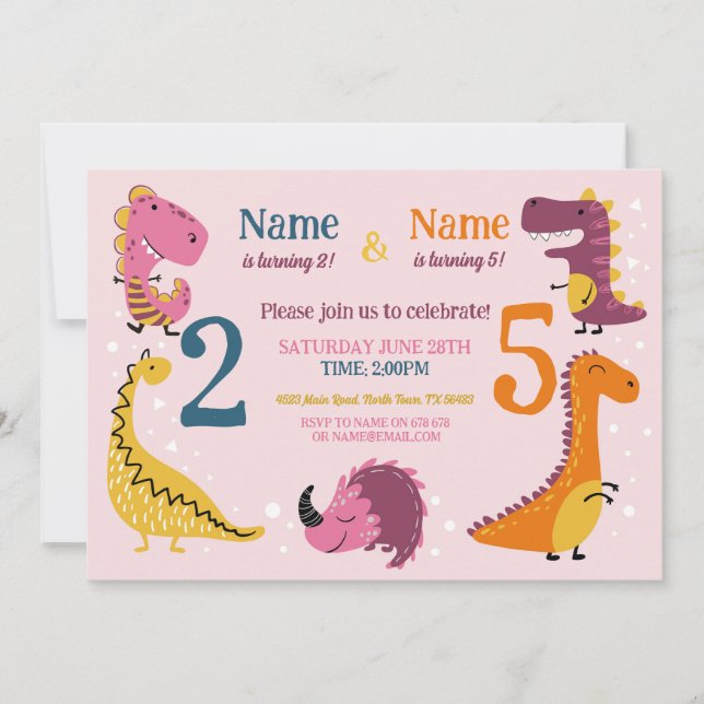 Dino Kids Birthday Girls Pink Any Age Joint Party Invitation (Front)
