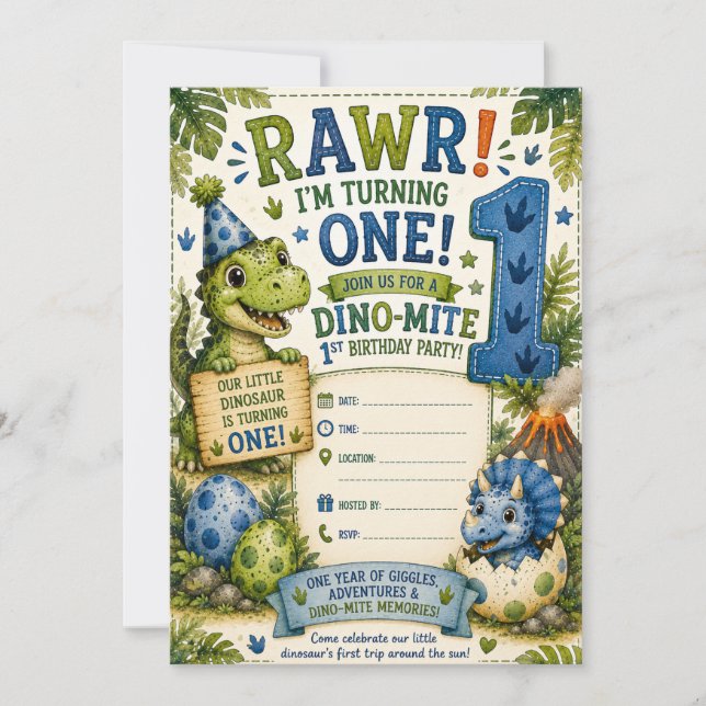 Dino-Mite 1st Birthday Invitation (Front)