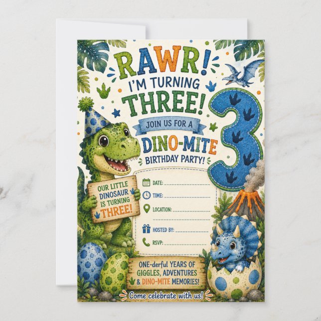 Dino-Mite 3rd Birthday Invitation (Front)