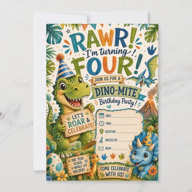 Dino-Mite 4th Birthday Invitation (Front)
