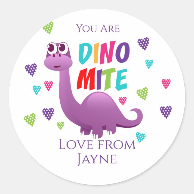 Dino Mite Dinosaur Valentine Classic Round Sticker (Front)