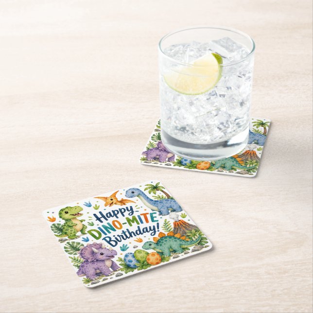Dino-Mite Happy Birthday Square Paper Coaster (Insitu)