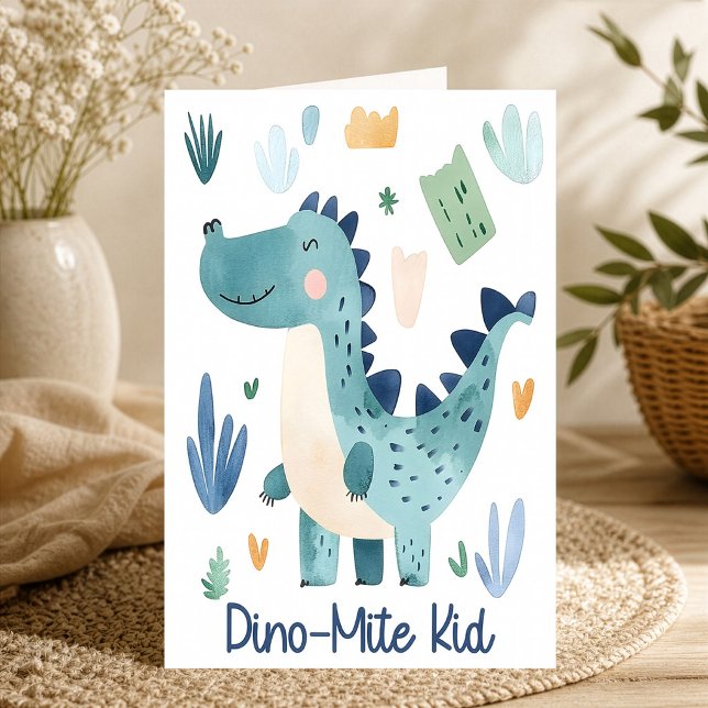 Dino Mite Kid Cute Blue Dinosaur Card (Creator Uploaded)