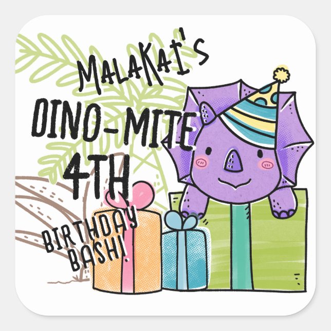 Dino-Mite Kid's Birthday Party Dinosaur Square Sticker (Front)