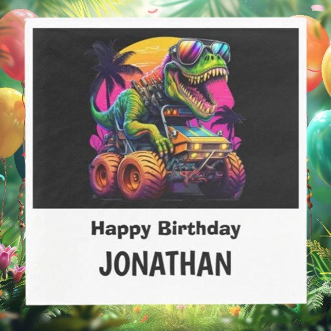 Dino-Mite Monster Truck Birthday Party Napkin (Unleash the fun with a T-Rex dinosaur-themed party! Discover vibrant colors)