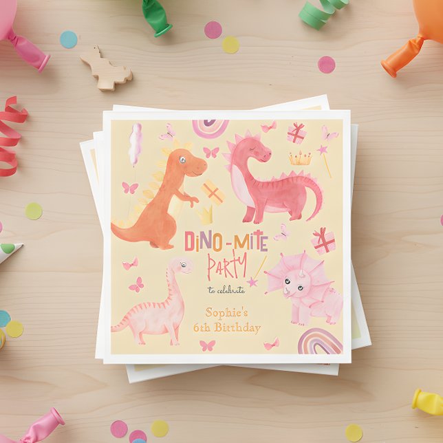 Dino-mite pink dino birthday party napkin (Creator Uploaded)