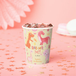 Dino-mite pink dino birthday party paper cups
