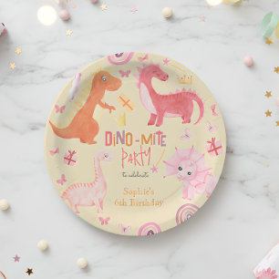Dino-mite pink dino birthday party paper plate