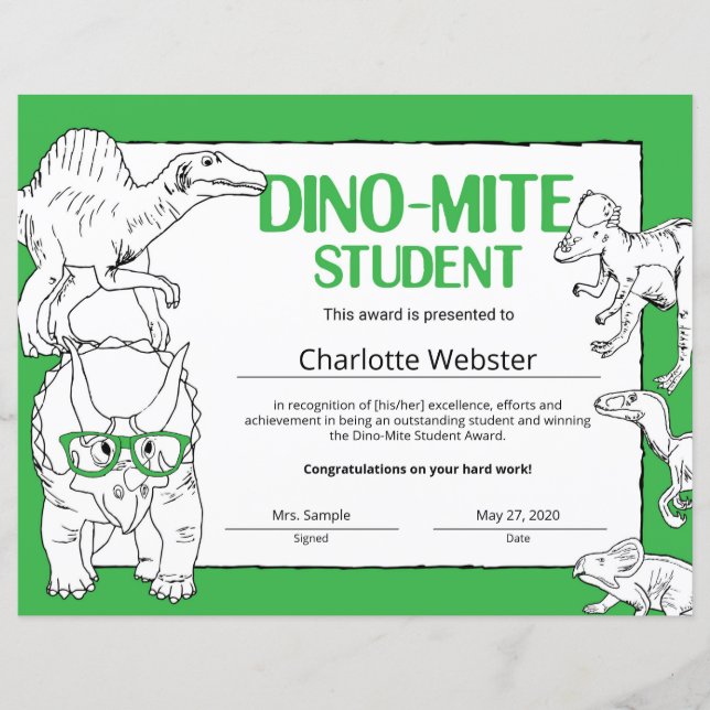 Dino-Mite Student Recognition Certificates (Front)