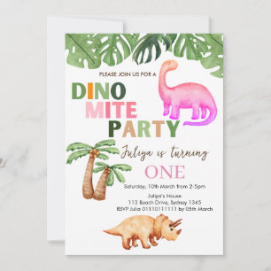 Dino-mite t-rex birthday party pink invitation