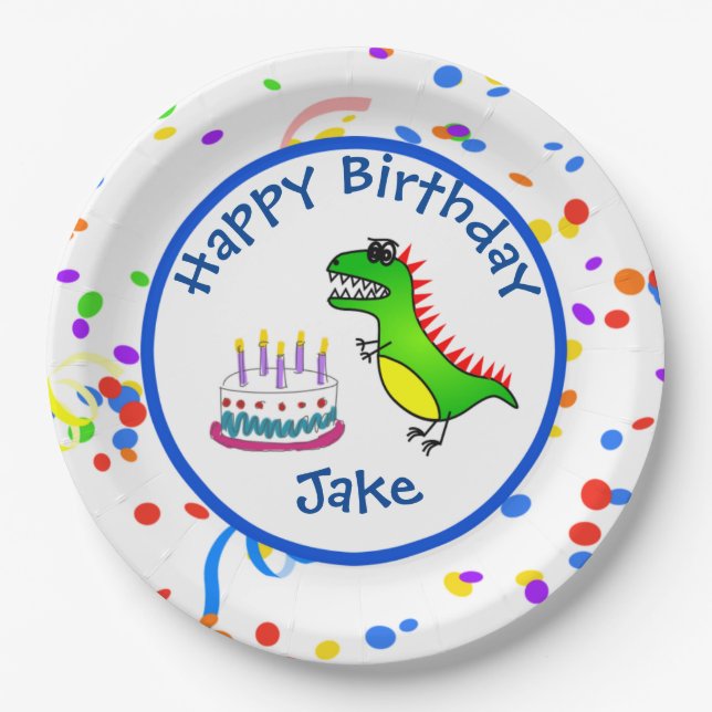Dino-Mite Time Dinosaur and Cake Birthday Party Paper Plate (Front)