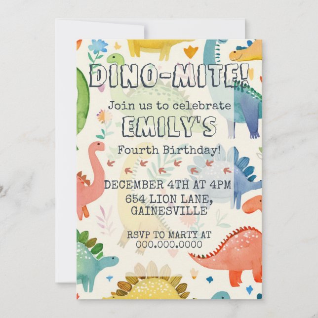 DINO-MITE Watercolor Dinosaur Kids Birthday Party Invitation (Front)
