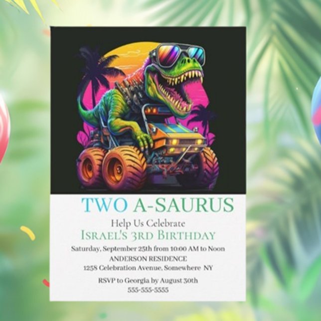 Dino Monster Truck Birthday Party Invitation (Join us for a roaring good time at our Dino Monster Truck Birthday Party! )