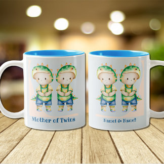 Dino Mother of Boy Twins Personalised Blue Two-Tone Coffee Mug