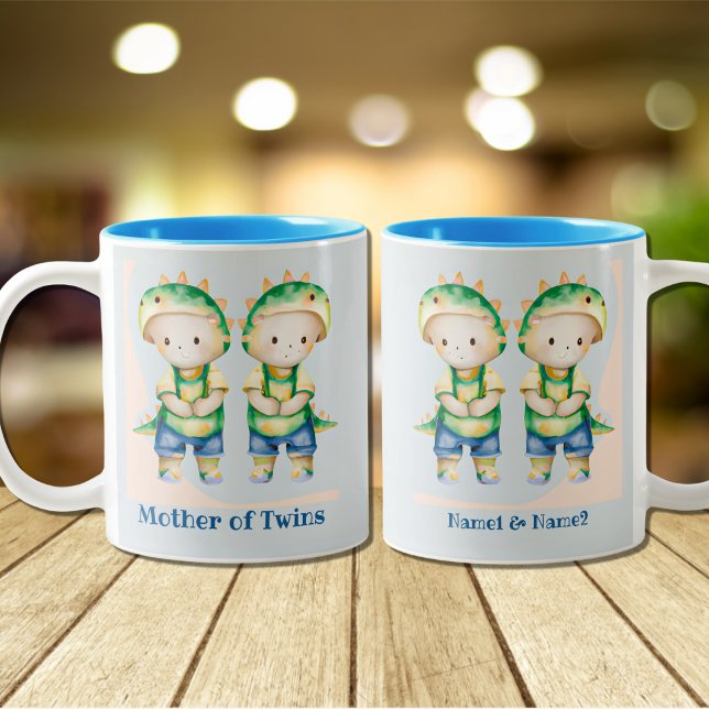 Dino Mother of Boy Twins Personalised Blue Two-Tone Coffee Mug (Creator Uploaded)