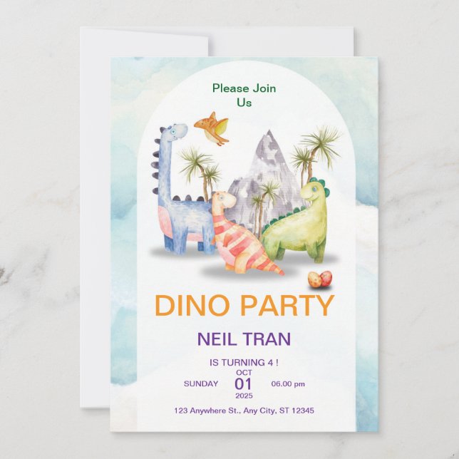 Dino Party Birthday Invitation – Customisable Kids (Front)