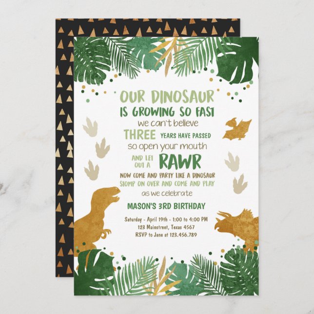 Dino Party Boy Green and Gold Dinosaur Birthday Invitation (Front/Back)