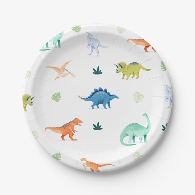 Dino Party Colourful Dinosaur Birthday Paper Plate (Front)
