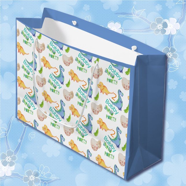 Dino Party Cute Dinosaur Birthday Boy Name & Age Large Gift Bag (Creator Uploaded)