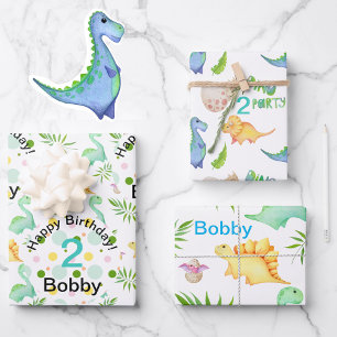 Dino Party Cute Dinosaur Birthday Boy Name & Age W Wrapping Paper Sheet