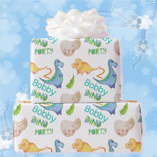 Dino Party Cute Dinosaur Birthday Boy Name & Age Wrapping Paper