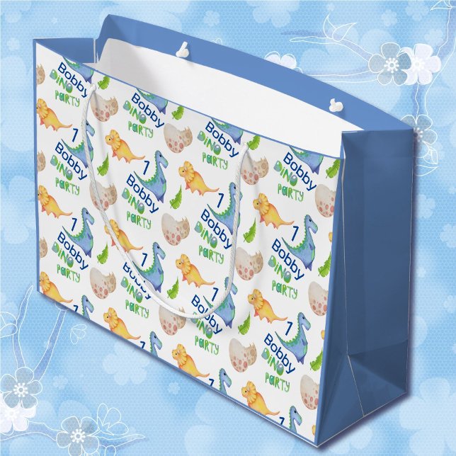 Dino Party Cute Dinosaur Birthday Boy Personalise  Large Gift Bag (Creator Uploaded)