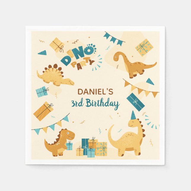 Dino Party. Cute Dinosaurs 3rd Birthday Napkin (Front)