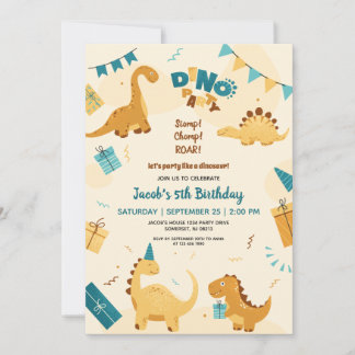 Dino Party. Cute Dinosaurs 5th Birthday Invitation