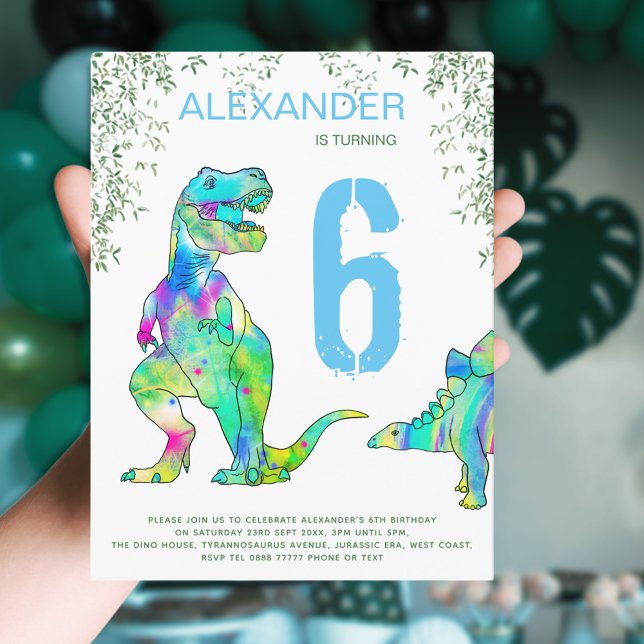 Dino party cute dinosaurs 6th Birthday budget Invitation Postcard (T-Rex colorful dinosaur and Jurassic jungle foliage 6th birthday party invitation blue and green)