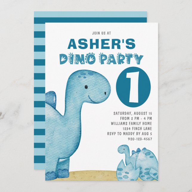 Dino Party Cute Dinosaurs First Birthday Invitation (Front/Back)