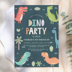 Dino Party Cute Dinosaurs First Birthday Invitation