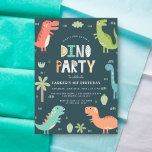 Dino Party | Cute Dinosaurs First Birthday Invitation<br><div class="desc">Celebrate your son's first birthday with our Dino Party invites! This cute birthday party design features a frame of colourful dinosaurs and your custom party details in modern typography against a blue background. The reverse side of the invites feature a pastel green colour. Personalise the first birthday party invites by...</div>