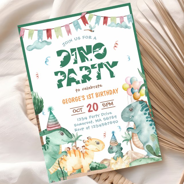 Dino Party Cute Dinosaurs First Birthday Invitation (Creator Uploaded)