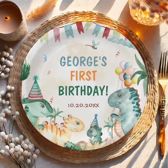 Dino Party Cute Dinosaurs First Birthday  Paper Plate (Creator Uploaded)