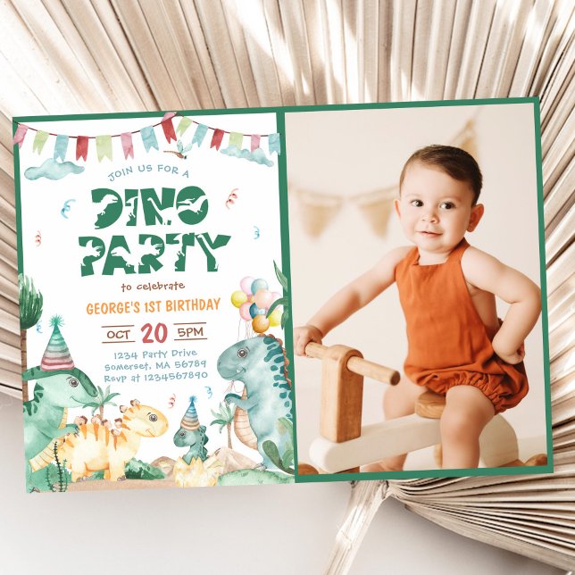 Dino Party Cute Dinosaurs First Birthday Photo Invitation (Creator Uploaded)