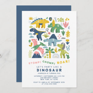 Dino Party Cute Modern Dinosaurs Fifth Birthday Invitation