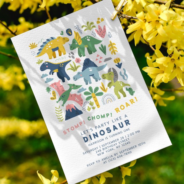 Dino Party Cute Modern Dinosaurs First Birthday Invitation (Creator Uploaded)