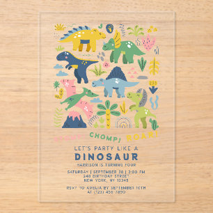 Dino Party Cute Modern Dinosaurs Fourth Birthday Acrylic Invitations