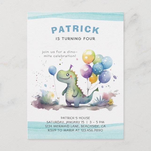 Dino Party Cute Watercolor Boy Blue Birthday Invitation Postcard (Front)