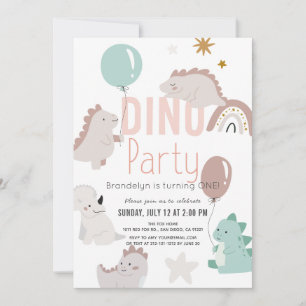 Dino Party Pink Dinosaur Girl 1st Birthday Invitation
