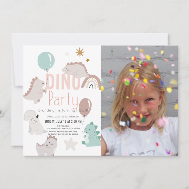 Dino Party Pink Dinosaur Girl Photo Birthday Invitation (Front)