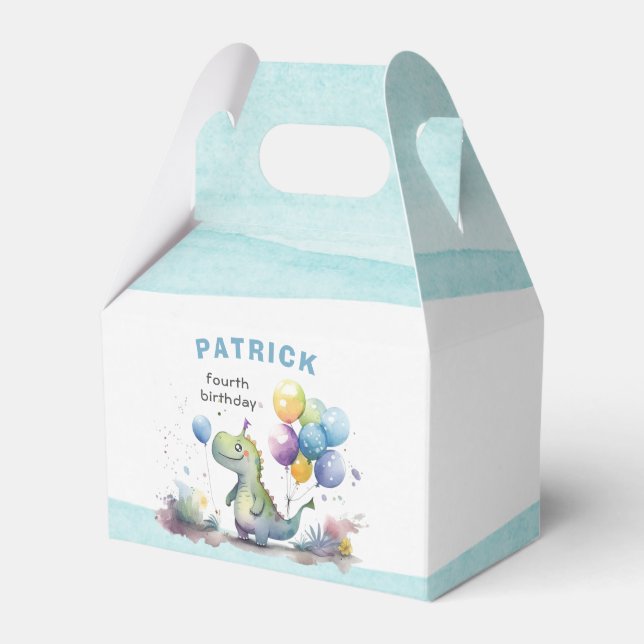 Dino Party Watercolor Boy Blue Birthday Favour Box (Front Side)