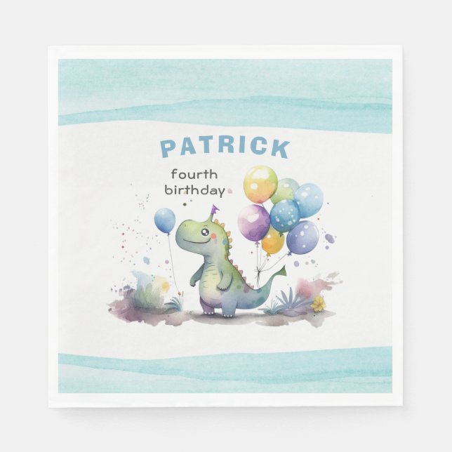 Dino Party Watercolor Boy Blue Birthday Napkin (Front)