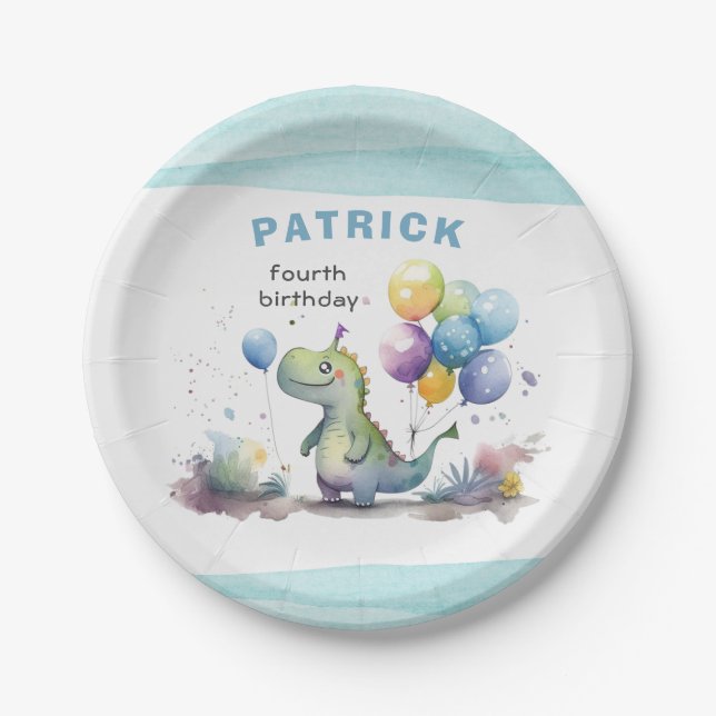 Dino Party Watercolor Boy Blue Birthday Paper Plate (Front)